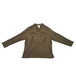 Elana by Tanner Women's Olive Green‎ Long Sleeve V-Neck Top Silk Blouse